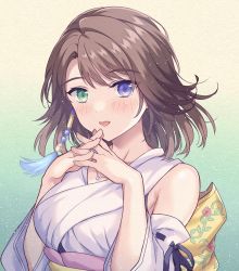 Rule 34 | 1girl, back bow, bare shoulders, beads, blue eyes, blush, bow, breasts, detached sleeves, final fantasy, final fantasy x, gradient background, green eyes, hair beads, hair ornament, heterochromia, highres, jewelry, looking at viewer, lyric (hina9111), medium breasts, medium hair, necklace, nontraditional miko, obi, own hands together, parted lips, sash, shirt, smile, solo, upper body, white shirt, wide sleeves, yuna (ff10)