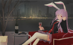 Rule 34 | 1girl, alcohol, animal ears, artist name, blazer, bottle, bullet, chair, character name, city, city lights, cityscape, cloud, collared shirt, cup, drinking glass, eyebrows, gun, hair between eyes, head rest, indoors, jacket, light particles, light smile, long sleeves, looking at viewer, necktie, night, night sky, p3104 (syerie513), plant, potted plant, purple hair, purple skirt, rabbit ears, reflection, reisen udongein inaba, shirt, sitting, skirt, sky, solo, table, thighhighs, touhou, traffic light, water, weapon, white thighhighs, wine, wine bottle, wine glass