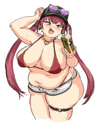 Rule 34 | 1girl, alternate size, baseball cap, belly, bikini, blush, breasts, cellphone, cleavage, drawfag, eyewear on head, fangs, fat, hat, heart, heart-shaped eyewear, holding, holding phone, hololive, houshou marine, houshou marine (summer), jewelry, large breasts, looking at phone, navel, necklace, o-ring, o-ring thigh strap, obese, official alternate costume, open mouth, phone, red bikini, red eyes, red hair, short shorts, shorts, simple background, sketch, skin fangs, smartphone, smile, solo, sunglasses, swimsuit, thick thighs, thigh strap, thighs, twintails, virtual youtuber, white background, white shorts