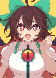 Rule 34 | + +, 1girl, absurdres, ahoge, bird wings, black wings, blush, bow, breasts, brown hair, buttons, collared shirt, e sdss, feathered wings, green bow, hair between eyes, hair bow, highres, large breasts, long hair, open mouth, puffy short sleeves, puffy sleeves, red eyes, reiuji utsuho, shirt, short sleeves, simple background, smile, solo, third eye, touhou, white shirt, wings, yellow background
