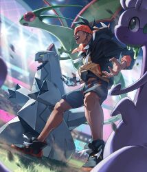 Rule 34 | 1boy, absurdres, arena, beanie, black hair, blue eyes, blurry, blurry background, commentary request, creatures (company), dark-skinned male, dark skin, duraludon, dutch angle, fang, flygon, game freak, gen 3 pokemon, gen 6 pokemon, gen 8 pokemon, gloves, goodra, hat, highres, hood, hoodie, male focus, nintendo, open mouth, pokemon, pokemon (creature), pokemon swsh, raihan (pokemon), shoes, shorts, single glove, smile, sneakers, zinnkousai3850