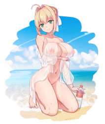 Rule 34 | 1girl, ahoge, arm under breasts, babydoll, bare shoulders, barefoot, blue sky, bottle, bottomless, breasts, closed mouth, collarbone, contrail, day, english text, fate/grand order, fate (series), feet, full body, green eyes, hair bun, hair intakes, highres, horizon, kneeling, large breasts, looking at viewer, navel, nero claudius (fate), nero claudius (fate) (all), nero claudius (swimsuit caster) (fate), nero claudius (swimsuit caster) (third ascension) (fate), nipples, nude, ocean, outdoors, panana, see-through, servant (fate), single hair bun, sky, smile, solo, stomach, toes, water, water bottle