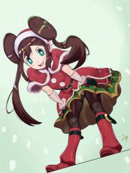 Rule 34 | 1girl, black pantyhose, blue eyes, breasts, brown hair, christmas, creatures (company), double bun, game freak, hair bun, hat, jipin, long hair, looking at viewer, nintendo, official alternate costume, open mouth, panties, pantyhose, pokemon, pokemon masters ex, rosa (holiday 2019) (pokemon), rosa (pokemon), smile, solo, twintails, underwear, very long hair