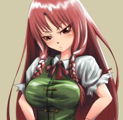 Rule 34 | &gt;:&lt;, 1girl, :&lt;, alternate eye color, blush, bow, braid, breasts, closed mouth, collared shirt, eromk, frown, highres, hong meiling, large breasts, looking down, no headwear, no headwear, puffy short sleeves, puffy sleeves, red eyes, red hair, shirt, short sleeves, simple background, solo, touhou, twin braids, v-shaped eyebrows