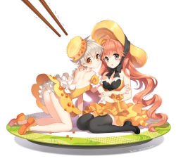 Rule 34 | 2girls, :o, ahoge, all fours, ass, back, bare back, bare shoulders, black eyes, black legwear, blush, bow, breasts, chopsticks, cleavage, dress, egg, food, food-themed clothes, food as clothes, food on head, frills, grey eyes, hand on shoulder, long hair, looking at viewer, mary janes, mini person, minigirl, multiple girls, nardack, no socks, object on head, open mouth, orange eyes, orange hair, original, panties, personification, plate, red hair, ribbon, shoes, short hair, silver hair, sitting, skirt, strapless, strapless dress, sushi, thighhighs, underwear, white panties