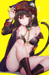 Rule 34 | 1girl, absurdres, animal ear fluff, animal ears, armpits, bare shoulders, black footwear, black hair, black headwear, black jacket, boots, breasts, brooch, cat ears, cat girl, cat tail, closed mouth, collar, collarbone, ear piercing, earrings, ears through headwear, facial mark, fur trim, hair between eyes, hand on headwear, hand up, highres, jacket, jewelry, knee boots, long hair, long sleeves, looking at viewer, nail polish, notice lines, off shoulder, open clothes, open jacket, original, piercing, red eyes, red nails, ring, sidelocks, simple background, sitting, small breasts, solo, sunhyun, tail, thighs, wing collar, yellow background