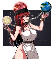 Rule 34 | 1girl, alternate hair length, alternate hairstyle, black headwear, breasts, chain, cleavage, collarbone, cowboy shot, dress, earth (ornament), formicid, grin, groin, hair between eyes, hecatia lapislazuli, large breasts, long hair, moon (ornament), red eyes, red hair, smile, solo, touhou, white dress
