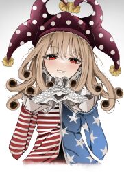 Rule 34 | 1girl, absurdres, american flag dress, blonde hair, clownpiece, commentary, cosplay, dress, funny valentine, funny valentine (cosplay), hat, highres, jester cap, jojo no kimyou na bouken, long hair, long sleeves, looking at viewer, open mouth, ougiikun, polka dot, polka dot headwear, red eyes, red hat, simple background, smile, solo, star (symbol), star print, steel ball run, striped clothes, striped dress, touhou, upper body, white background