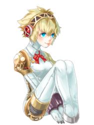 Rule 34 | 1girl, aegis (persona), ajomo, android, bad id, bad pixiv id, blonde hair, blue eyes, bow, breasts, closed mouth, joints, persona, persona 3, ribbon, robot joints, short hair, simple background, smile, weapon, white background