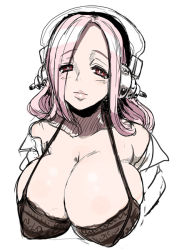 Rule 34 | 1girl, bare shoulders, bra, breasts, cleavage, headphones, huge breasts, lingerie, lips, long hair, miyamoto issa, nitroplus, open clothes, open shirt, pink eyes, pink hair, shirt, simple background, sketch, solo, super sonico, underwear