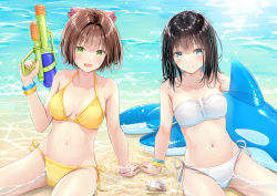 Rule 34 | 2girls, :d, akasaka asa, bare arms, beach, bikini, black hair, blue eyes, bow, bracelet, breasts, brown hair, cleavage, closed mouth, collarbone, day, green eyes, groin, hair bow, holding, holding water gun, inflatable toy, jewelry, leaning back, long hair, looking at viewer, medium breasts, multiple girls, navel, open mouth, original, outdoors, pink bow, ribbon, short hair, side-tie bikini bottom, sitting, smile, straight hair, strapless, strapless bikini, striped, striped bow, summer, swimsuit, water gun, white bikini, white ribbon, yellow bikini, yellow ribbon