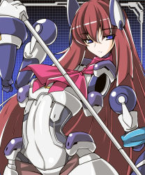 Rule 34 | 1girl, amputee, android, armor, black pantyhose, blue eyes, bodysuit, bow, brown hair, f. walsingham, f walsingham, female focus, gloves, grid, hair between eyes, joints, kyoukaisenjou no horizon, long hair, mechanical arms, pantyhose, puppet, red hair, robot joints, shoushinmono, single mechanical arm, solo, staff, tanaka ginji, very long hair, weapon