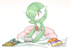 Rule 34 | 1girl, bag, bob cut, book, chips (food), closed mouth, colored skin, creatures (company), cup, cushion, drink, drinking glass, drinking straw, eating, eyes visible through hair, female focus, flat chest, food, food on face, full body, game freak, gardevoir, gen 3 pokemon, green hair, green skin, hair over one eye, handheld game console, holding, holding handheld game console, indian style, looking down, lotosu, mouth hold, multicolored skin, nintendo, nintendo 3ds, open book, pokemon, pokemon (creature), red eyes, short hair, simple background, sitting, solo, two-tone skin, water, white background, white skin