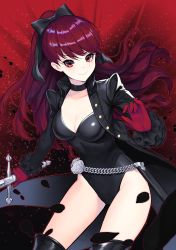 Rule 34 | 1girl, black jacket, black leotard, black thighhighs, bow, breasts, collarbone, commentary request, gloves, hair bow, highres, holding, holding sword, holding weapon, jacket, kyundoo, leotard, long hair, long sleeves, looking at viewer, matching hair/eyes, persona, persona 5, persona 5 the royal, ponytail, red eyes, red gloves, red hair, ribbon, smile, solo, sword, thighhighs, weapon, yoshizawa kasumi