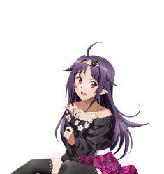 Rule 34 | 1girl, :d, ahoge, between legs, black sweater, black thighhighs, collarbone, hairband, hand between legs, jewelry, long hair, looking at viewer, necklace, open mouth, pleated skirt, pointy ears, purple hair, purple skirt, red eyes, sitting, skirt, smile, solo, sweater, sword art online, thighhighs, transparent background, very long hair, yuuki (sao), zettai ryouiki