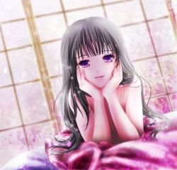 Rule 34 | 1girl, afterglow, black hair, dutch angle, female focus, head rest, houraisan kaguya, light particles, light smile, lips, long hair, looking at viewer, lying, on bed, on stomach, purple eyes, sliding doors, solo, topless, touhou, tsukiori sasa