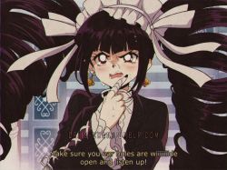 Rule 34 | 1990s (style), 1girl, artist name, bell sleeves, big hair, black hair, black jacket, black nails, blazer, blunt bangs, blush, celestia ludenberg, center frills, claw ring, collared shirt, commentary, criis-chan, danganronpa: trigger happy havoc, danganronpa (series), drill hair, earrings, english commentary, english text, frilled sleeves, frills, hair ribbon, jacket, jewelry, lace-up sleeves, lapels, long hair, nail polish, neck ribbon, open mouth, pointing, pointing up, retro artstyle, ribbon, ring, shaded face, shirt, sidelocks, spoilers, subtitled, sweat, teeth, tumblr username, twintails, v-shaped eyebrows, vhs artifacts, watermark, weapon, web address, white ribbon, white shirt, wing collar