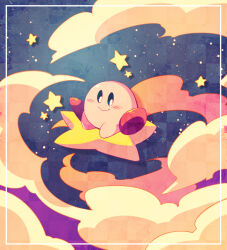Rule 34 | blue background, blue eyes, blush stickers, checkered background, closed mouth, cloud, colored skin, commentary request, kirby, kirby (series), looking at viewer, nintendo, no humans, pink skin, red footwear, riding, shirushiki, shoes, sitting, sky, smile, solo, star (sky), star (symbol), starry sky, warp star