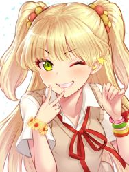 Rule 34 | 10s, 1girl, ;d, bad id, bad nicoseiga id, blonde hair, blunt bangs, blush, bracelet, close-up, collared shirt, eyelashes, fingernails, green eyes, grin, hair bobbles, hair ornament, hand gesture, idolmaster, idolmaster cinderella girls, jewelry, jougasaki rika, long hair, one eye closed, open mouth, parted lips, pink lips, red ribbon, ribbon, shirt, short sleeves, simple background, smile, solo, star (symbol), sweater vest, teeth, twintails, two side up, upper body, v, very long hair, white background, white shirt, wing collar, yapo (croquis side)