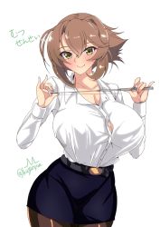Rule 34 | 1girl, alternate costume, belt, belt buckle, blue skirt, blush, breasts, brown hair, buckle, button gap, cleavage, closed mouth, collarbone, collared shirt, cowboy shot, curvy, green eyes, hair between eyes, hair intakes, highres, holding, huge breasts, kantai collection, kuga zankurou, long sleeves, looking at viewer, medium hair, mutsu (kancolle), narrow waist, office lady, pantyhose, pencil skirt, pointer, shirt, shirt tucked in, simple background, skirt, smile, solo, tented shirt, translation request, twitter username, white background, white shirt, wide hips