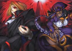 1boy 1girl ancient_egyptian ancient_egyptian_clothes angry blonde_hair blood bloody_tears breasts cleavage closed_mouth corset dark-skinned_female dark_skin detached_sleeves dust_of_osiris fingernails formal_clothes hat highres jewelry long_hair melty_blood miton_(caramel_choco) ponytail purple_eyes purple_hat purple_skirt red_eyes shirt sion_eltnam_(type-moon) skirt tsukihime type-moon wallachia white_shirt