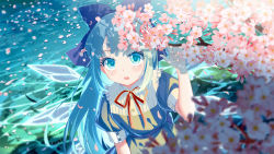 Rule 34 | absurdres, adapted costume, alternate hair length, alternate hairstyle, blue bow, blue dress, blue eyes, blue hair, blush, bow, cherry blossoms, cirno, commentary request, detached wings, dress, flower, hand up, highres, ice, ice wings, jiege, long hair, looking at viewer, neck ribbon, outdoors, petals, petals on liquid, red ribbon, ribbon, river, short sleeves, solo, touhou, tree, upper body, water, wings