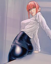 Rule 34 | 1girl, ass, black pants, braid, braided ponytail, breasts, business suit, chainsaw man, expressionless, formal, highres, long hair, looking at viewer, makima (chainsaw man), medium breasts, meguzm, office lady, pants, ringed eyes, shirt, shirt tucked in, solo, suit, white shirt, yellow eyes