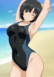 Rule 34 | 1girl, amagami, armpits, arms up, beach, black eyes, black hair, black one-piece swimsuit, blue sky, bob cut, breasts, cloud, competition swimsuit, covered navel, day, highleg, highleg swimsuit, highres, horizon, nanasaki ai, ocean, one-piece swimsuit, one eye closed, outdoors, parted lips, short hair, sky, small breasts, solo, stretching, swimsuit, two-tone swimsuit, yuuyuu (3jjbn)