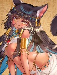 1girl ancient_egyptian_clothes animal_ears armlet bastet_(mythology) black_hair blush breasts brooch cat_ears cat_girl cat_tail circlet dark-skinned_female dark_skin earrings egyptian_mythology fang hair_tubes highres jewelry komiya_nigi long_hair looking_at_viewer navel original revealing_clothes small_breasts smile solo tail usekh_collar very_long_hair