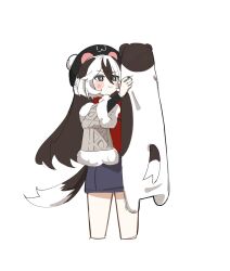 Rule 34 | 1girl, animal ears, beret, black eyes, black hair, black hat, black nails, blue skirt, blush, blush stickers, bright pupils, brown jacket, closed mouth, coralie (honkai impact), cowboy shot, cropped jacket, cropped legs, dog ears, dog girl, dog tail, fur-trimmed jacket, fur-trimmed sleeves, fur trim, hair between eyes, hands up, hat, highres, holding, holding stuffed toy, honkai (series), honkai impact 3rd, jacket, long hair, long sleeves, longcat (meme), meme, miniskirt, multicolored hair, nail polish, open clothes, open jacket, pom pom (clothes), red sweater, sho 2nini, sidelocks, simple background, skirt, smile, solo, standing, stuffed animal, stuffed dog, stuffed toy, sweater, tail, turtleneck, turtleneck sweater, two-tone hair, v-shaped eyebrows, white background, white hair, white pupils