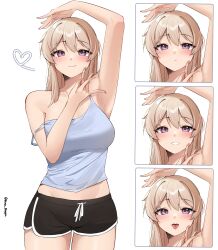 Rule 34 | 1girl, absurdres, arm up, armpits, bare arms, bare shoulders, black shorts, blonde hair, breasts, camisole, cowboy shot, expressions, hair between eyes, heart, highres, large breasts, long hair, looking at viewer, midriff, multiple views, original, pinepin, purple eyes, rara (pinepin), short shorts, shorts, simple background, smile, spaghetti strap, standing, strap slip, tongue, tongue out, white background