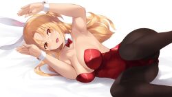 Rule 34 | 1girl, alternate costume, animal ears, armpits, asuna (sao), black pantyhose, blonde hair, bow, bowtie, breasts, cait aron, cleavage, detached collar, fake animal ears, hands up, highres, large breasts, leotard, long hair, looking at viewer, lying, on side, open mouth, pantyhose, playboy bunny, rabbit ears, red bow, red bowtie, red leotard, smile, solo, sword art online