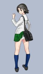 Rule 34 | 1girl, adidas, alternate footwear, alternate legwear, ass, bag, black footwear, blouse, blue socks, blush stickers, brown eyes, brown hair, carrying, clenched hand, closed mouth, clothes lift, commentary, from behind, full body, girls und panzer, green skirt, grey background, highres, kneepits, legs, loafers, long sleeves, looking at viewer, looking back, miniskirt, ooarai school uniform, panties, parted bangs, pleated skirt, sawa azusa, school uniform, serafuku, shirt, shoes, short hair, simple background, skindentation, skirt, skirt lift, smile, socks, solo, standing, underwear, wardrobe malfunction, wavy mouth, white panties, white shirt, yamano rita