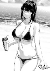 Rule 34 | 1girl, absurdres, bare arms, bare shoulders, beach, bikini, blunt bangs, breasts, cellphone, collarbone, cowboy shot, cup, drinking straw, front-tie bikini top, front-tie top, greyscale, highres, holding, holding cup, holding phone, large breasts, long hair, looking at viewer, lynus, monochrome, multi-strapped bikini, naoko-san, navel, original, outdoors, parted lips, phone, smartphone, solo, standing, stomach, string bikini, swimsuit, wet