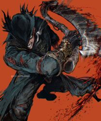 Rule 34 | 1boy, black coat, black gloves, black hat, black pants, blood, bloodborne, clenched teeth, coat, gloves, guri otoko, hat, highres, holding, holding weapon, hunter (bloodborne), long sleeves, male focus, pants, red background, saw, saw cleaver, shoes, simple background, solo, teeth, torn clothes, torn coat, tricorne, weapon