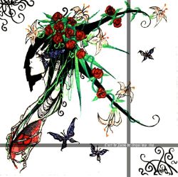 Rule 34 | 1girl, bug, butterfly, flower, insect, long hair, red eyes, red flower, red rose, rib:y(uhki), rose, solo, upper body