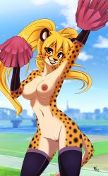 Rule 34 | absurdres, armpits, blonde hair, breasts, cheetah, fluff kevlar, furry, highres, looking at viewer, mihari, nude, pom pom (cheerleading), pussy, short twintails, smile, twintails, yellow eyes