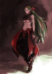 Rule 34 | 1girl, absurdres, boots, breasts, expressionless, gradient background, green eyes, green hair, highres, long hair, looking at viewer, matching hair/eyes, midriff, multicolored hair, nail polish, navel, okuto, original, pointy ears, ponytail, popped collar, red hair, red nails, solo, underboob, very long hair
