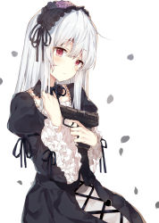 Rule 34 | 1girl, black dress, black hairband, black ribbon, blush, closed mouth, commentary request, dress, flower, fn five-seven, frilled hairband, frills, gothic lolita, gun, hair between eyes, hairband, handgun, highres, holding, holding gun, holding weapon, juliet sleeves, leisss, lolita fashion, lolita hairband, long hair, long sleeves, pdw-caliber pistol, petals, pistol, puffy sleeves, purple flower, purple rose, red eyes, ribbon, rose, rozen maiden, signature, silver hair, simple background, solo, suigintou, weapon, weapon request, white background, wide sleeves