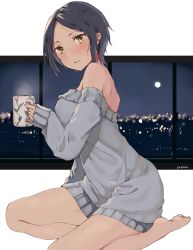 Rule 34 | 10s, 1girl, artist name, bad id, bad twitter id, bare legs, bare shoulders, barefoot, blue hair, blush, breasts, city lights, cityscape, coffee cup, cup, disposable cup, full moon, hayami kanade, highres, holding, holding cup, idolmaster, idolmaster cinderella girls, indoors, lights, long sleeves, looking at viewer, moon, moonlight, night, night sky, no pants, off-shoulder, off-shoulder sweater, off shoulder, outside border, parted bangs, seiza, short hair, signature, simple background, sitting, sky, sleeves past wrists, smile, soles, solo, steam, sweater, toes, tsurime, uni (melm), white background, window, yellow eyes