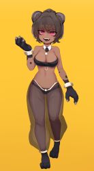 Rule 34 | 1girl, absurdres, animal ears, animal feet, animal hands, anklet, bangle, black panties, black tube top, bracelet, breasts, brown hair, cleavage, dancer, dark skin, detached collar, fangs, full body, gold, hand up, harem outfit, harem pants, highres, hwaryeok, jewelry, large breasts, lowleg, lowleg panties, midriff, mole, mole under eye, mole under mouth, monster girl, navel, open mouth, original, panties, pants, pink eyes, see-through, see-through pants, short hair, simple background, smile, solo, standing, strapless, tube top, underwear, yellow background