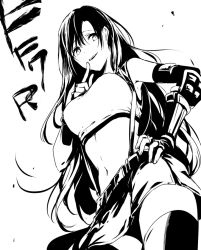 Rule 34 | 1girl, breasts, copyright name, crop top, elbow gloves, final fantasy, final fantasy vii, final fantasy vii remake, finger to mouth, fingerless gloves, gloves, greyscale, hand on own hip, large breasts, long hair, monochrome, navel, parted lips, sakano anri, skirt, smile, solo, square enix, studded gloves, suspender skirt, suspenders, teeth, thighhighs, tifa lockhart, upper teeth only