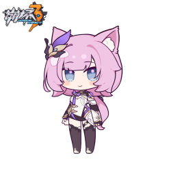 Rule 34 | 1girl, animal ear fluff, black shorts, black sleeves, blush stickers, breasts, chibi, cleavage, closed mouth, commentary request, copyright name, elysia (honkai impact), elysia (miss pink elf) (honkai impact), eta, full body, honkai (series), honkai impact 3rd, kemonomimi mode, long sleeves, looking at viewer, low ponytail, pink hair, ponytail, shirt, short shorts, shorts, simple background, sleeves past wrists, small breasts, smile, solo, standing, thighhighs, white background, white shirt