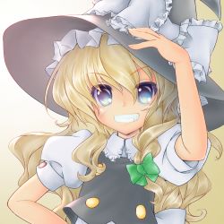 Rule 34 | 1girl, :d, arm up, bad id, bad pixiv id, black eyes, black hat, black vest, blonde hair, bow, braid, buttons, collared shirt, commentary request, eyes visible through hair, fingernails, frilled bow, frilled shirt collar, frills, gradient background, green ribbon, grin, hair ribbon, hand on headwear, hand on own hip, hat, hat bow, highres, ijoan, kirisame marisa, long hair, looking at viewer, nose, open mouth, parted lips, ribbon, shirt, side braid, single braid, smile, solo, tan background, touhou, upper body, vest, white background, white bow, white shirt, witch hat
