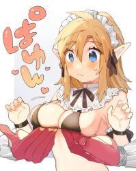 Rule 34 | 1girl, alternate costume, bikini, blonde hair, blush, breast lift, breasts, brown ribbon, cleavage, colored skin, enmaided, genderswap, grey background, hair between eyes, hands up, heart, highres, link, long hair, maid, maid bikini, maid headdress, medium breasts, neck ribbon, nintendo, pointy ears, red skin, ribbon, sidon, solo focus, sweat, swimsuit, the legend of zelda, the legend of zelda: breath of the wild, translation request, ttanuu., unconventional maid, upper body, wavy mouth, white background
