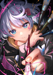 Rule 34 | 1girl, absurdres, ahoge, blue eyes, closed mouth, grey hair, hair ornament, heart, heart-shaped pupils, heart on cheek, highres, holding, holding paintbrush, looking at viewer, maeshimashi, original, paint, paintbrush, short hair, solo, symbol-shaped pupils