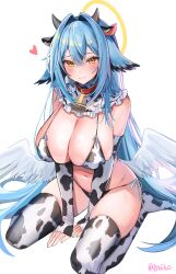 Rule 34 | 1girl, :3, absurdres, animal ears, animal print, bell, between legs, bikini, blue hair, blush, breasts, cleavage, closed mouth, collar, commentary, cow ears, cow horns, cow print, cow print bikini, cow print thighhighs, detached sleeves, fake animal ears, fake horns, feathered wings, frilled collar, frills, halo, head wings, heart, highres, horns, large breasts, looking at viewer, low wings, navel, neck bell, original, print bikini, print thighhighs, side-tie bikini bottom, simple background, sitting, smile, solo, swimsuit, symbol-only commentary, thighhighs, twitter username, wariza, white background, white wings, wings, yellow eyes, yellow halo, yuniiho