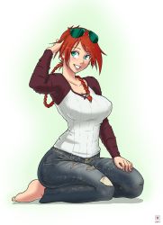 Rule 34 | 1girl, aqua eyes, barefoot, blush, borrowed character, braid, breasts, covered erect nipples, eyewear on head, grin, hand on own head, highres, kawa-v, large breasts, long hair, looking at viewer, original, raglan sleeves, red hair, ripped jeans, seiza, single braid, sitting, smile, solo, sunglasses, torn clothes