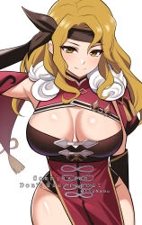 Rule 34 | 1girl, bare shoulders, beidou (genshin impact), beidou (genshin impact) (cosplay), blonde hair, breasts, brigid (fire emblem), chinese clothes, cleavage, commentary request, commission, cosplay, cowboy shot, dress, fire emblem, fire emblem: genealogy of the holy war, genshin impact, groin, headband, highres, large breasts, long hair, looking at viewer, namu (112namu), nintendo, red dress, simple background, solo, standing, white background, yellow eyes