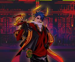 Rule 34 | aphelios, black gloves, black pants, blue eyes, blue hair, chinese new year, earrings, fingerless gloves, gloves, highres, holding, holding weapon, horns, jacket, jade (gemstone), jewelry, jjolee, league of legends, long sleeves, lunar beast aphelios, male focus, open clothes, open jacket, pants, red shirt, shirt, short hair, weapon